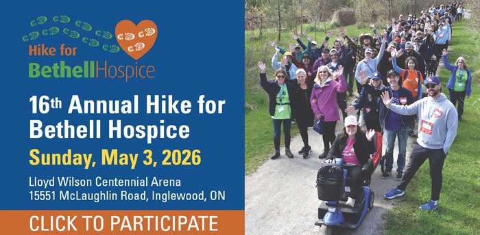 Participants walk along a path at the 16th Annual Hike for Bethell Hospice, scheduled for May 3, 2026, in Inglewood, ON.