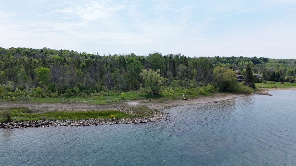 Lush green shoreline with a rocky beach, leading to calm water under a blue sky. The scene captures a serene natural landscape ideal for outdoor activities.