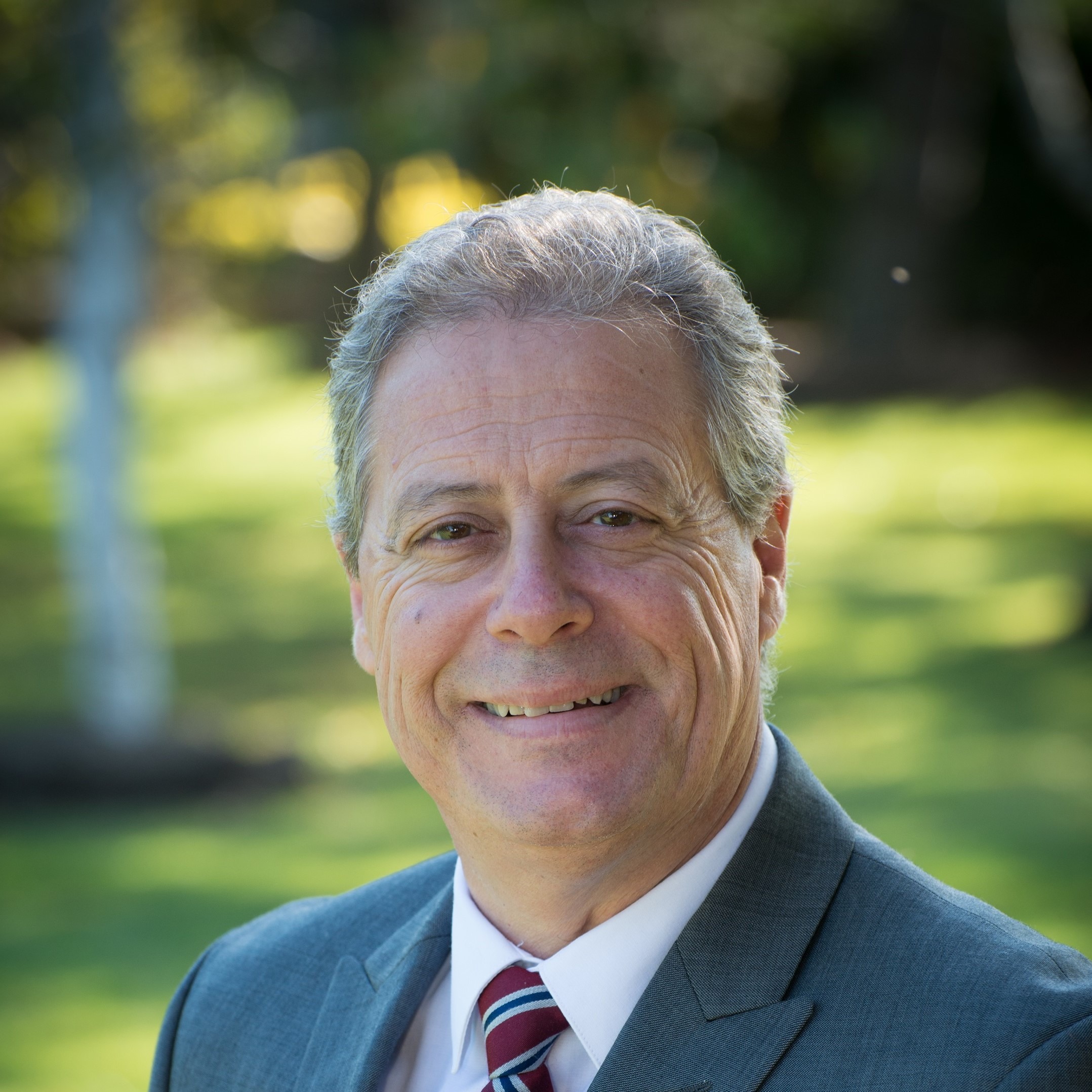 Smiling man in a suit with a tie stands outdoors against a blurred green background, suggesting a professional or approachable context.