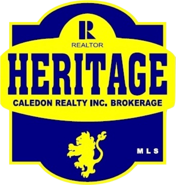 Heritage Realty logo featuring a blue and yellow design, including a lion emblem, representing Caledon Realty Inc. Brokerage.